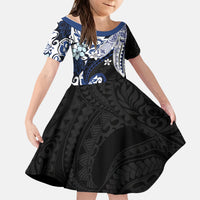 Monstera Plumeria Flowers Blue Kid Short Sleeve Dress Polynesian Pattern