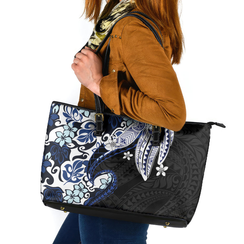 Monstera Plumeria Flowers Blue Leather Tote Bag Polynesian Pattern