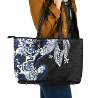 Monstera Plumeria Flowers Blue Leather Tote Bag Polynesian Pattern