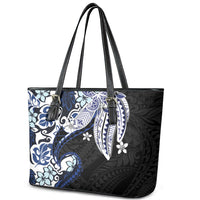 Monstera Plumeria Flowers Blue Leather Tote Bag Polynesian Pattern