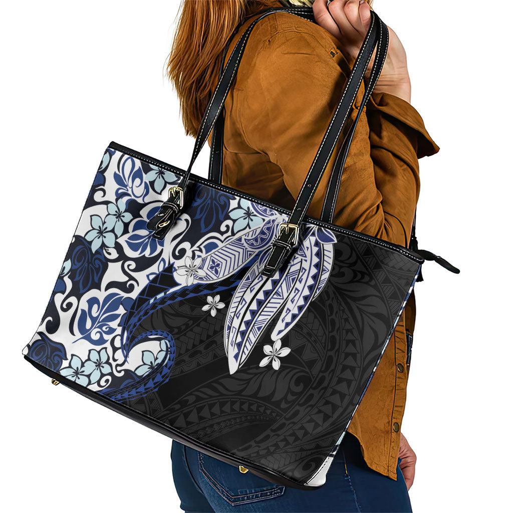 Monstera Plumeria Flowers Blue Leather Tote Bag Polynesian Pattern