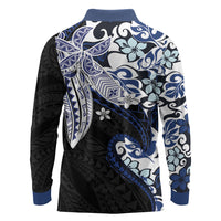 Monstera Plumeria Flowers Blue Long Sleeve Polo Shirt Polynesian Pattern