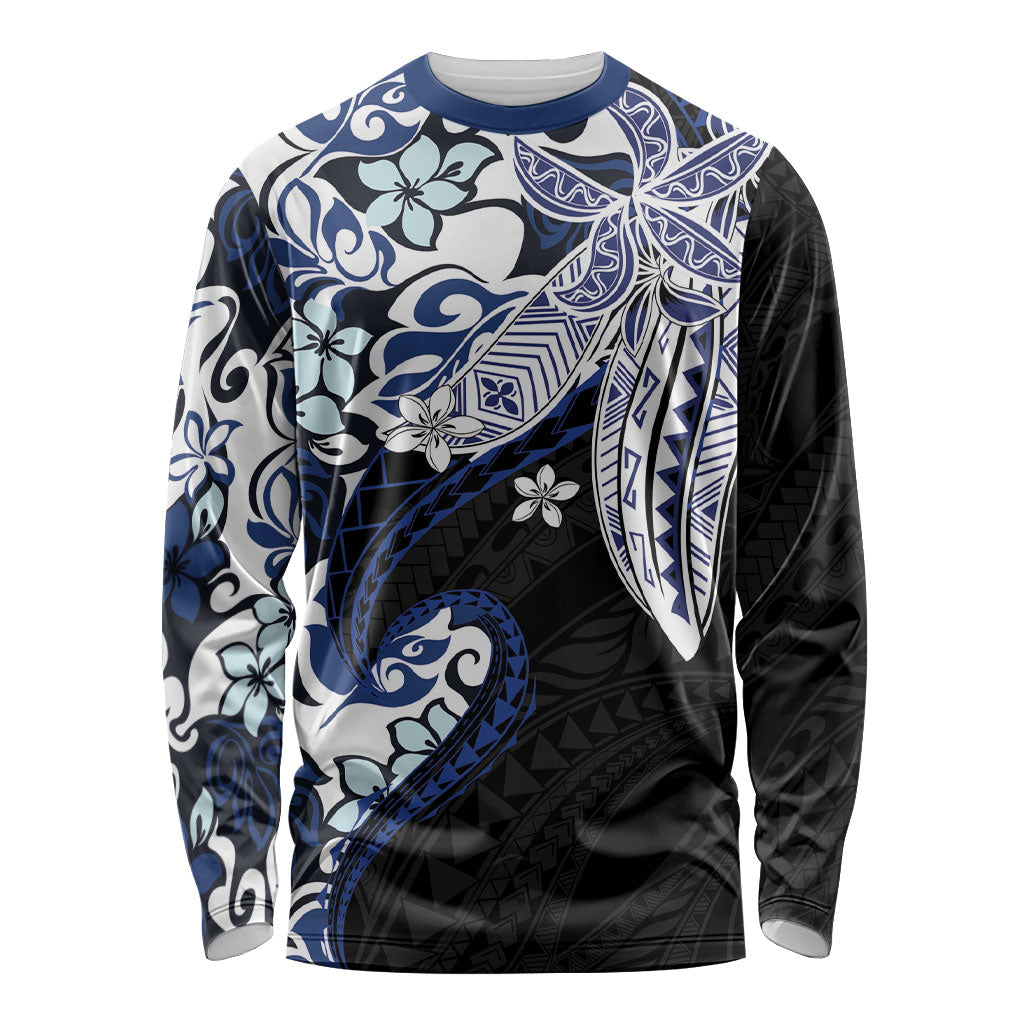 Monstera Plumeria Flowers Blue Long Sleeve Shirt Polynesian Pattern