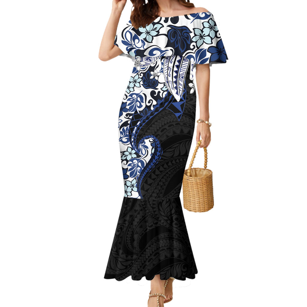 Monstera Plumeria Flowers Blue Mermaid Dress Polynesian Pattern