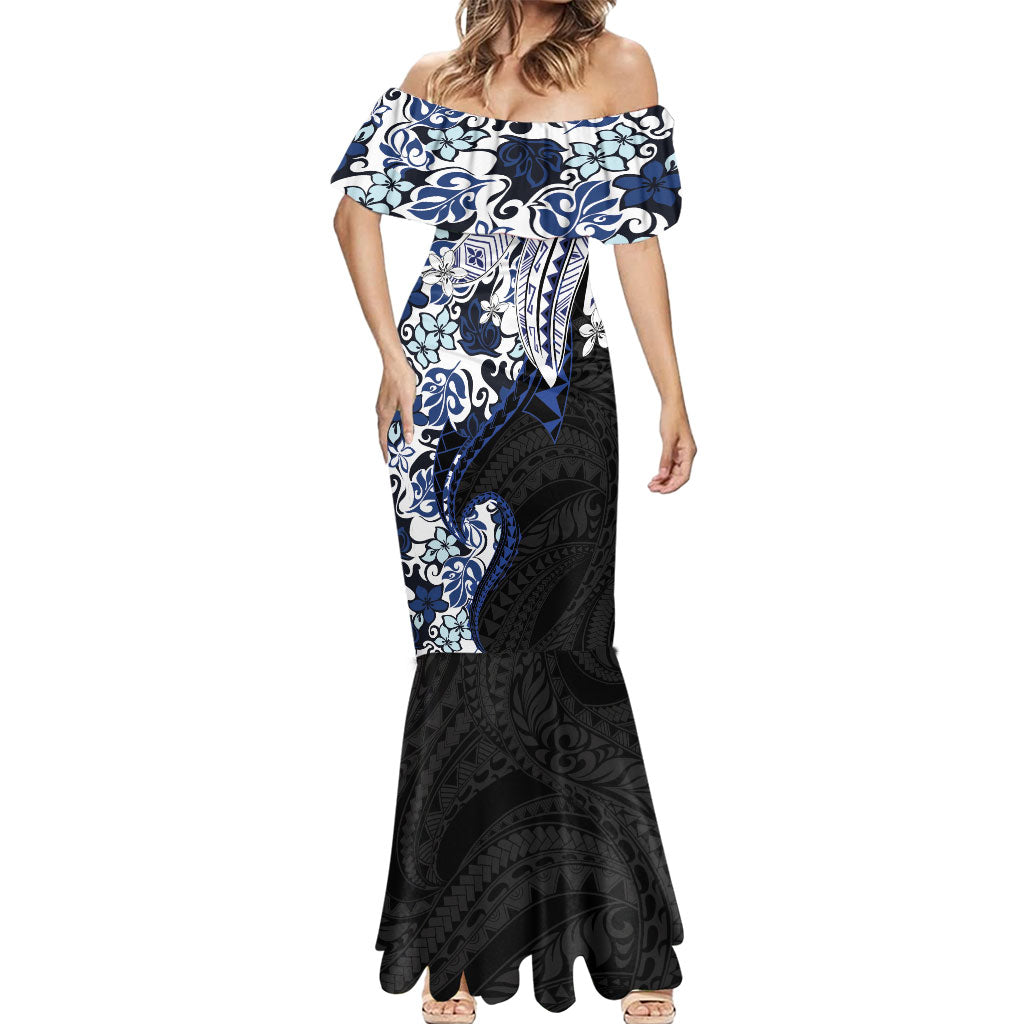 Monstera Plumeria Flowers Blue Mermaid Dress Polynesian Pattern
