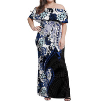 Monstera Plumeria Flowers Blue Off Shoulder Maxi Dress Polynesian Pattern
