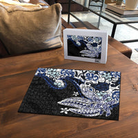 Monstera Plumeria Flowers Blue Puzzle Polynesian Pattern