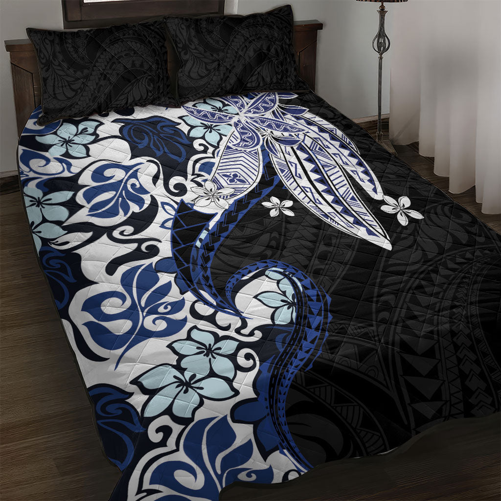 Monstera Plumeria Flowers Blue Quilt Bed Set Polynesian Pattern