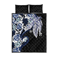 Monstera Plumeria Flowers Blue Quilt Bed Set Polynesian Pattern
