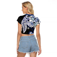 Monstera Plumeria Flowers Blue Raglan Cropped T Shirt Polynesian Pattern