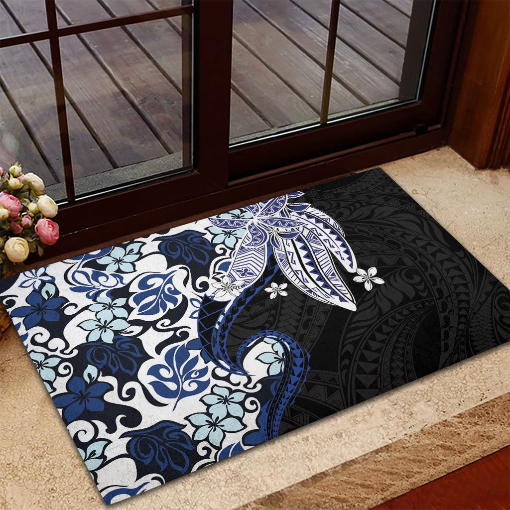 Monstera Plumeria Flowers Blue Rubber Doormat Polynesian Pattern
