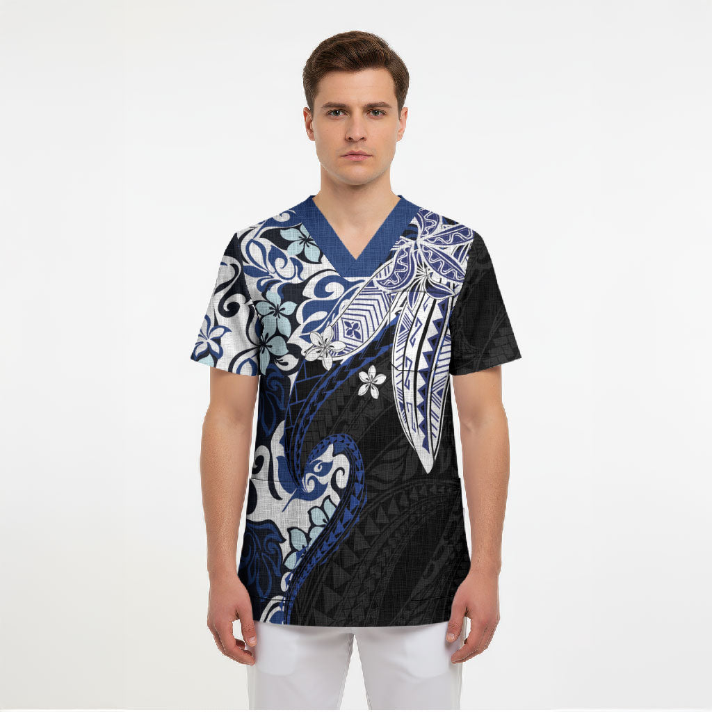 Monstera Plumeria Flowers Blue Scrub Top Polynesian Pattern