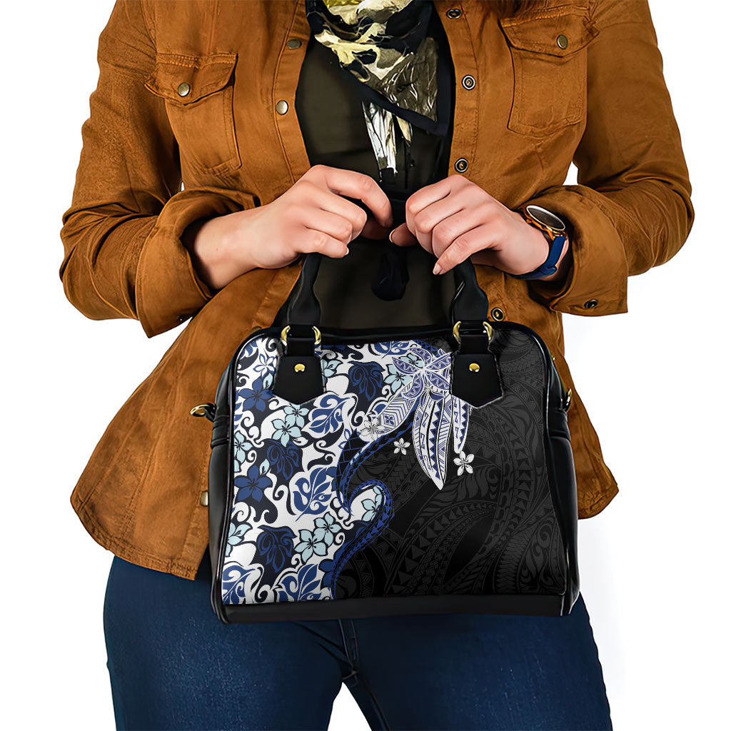 Monstera Plumeria Flowers Blue Shoulder Handbag Polynesian Pattern