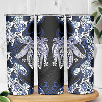 Monstera Plumeria Flowers Blue Skinny Tumbler Polynesian Pattern