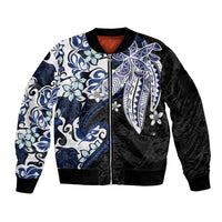 Monstera Plumeria Flowers Blue Sleeve Zip Bomber Jacket Polynesian Pattern