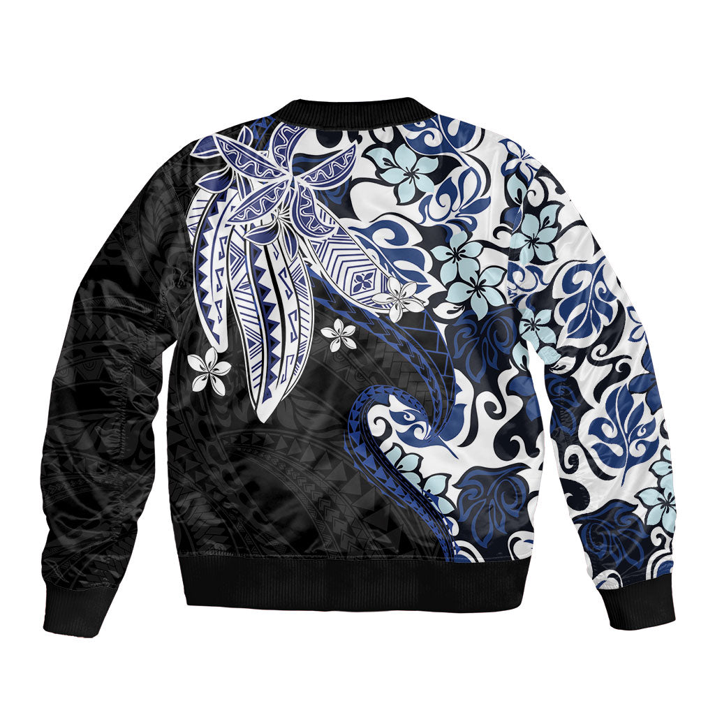 Monstera Plumeria Flowers Blue Sleeve Zip Bomber Jacket Polynesian Pattern