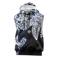 Monstera Plumeria Flowers Blue Sleeveless Zip Hoodie Polynesian Pattern