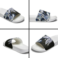 Monstera Plumeria Flowers Blue Slide Sandals Polynesian Pattern