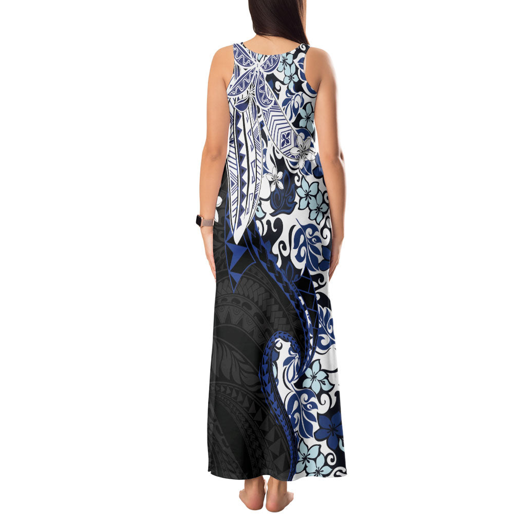 Monstera Plumeria Flowers Blue Tank Maxi Dress Polynesian Pattern