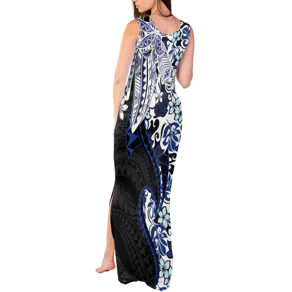 Monstera Plumeria Flowers Blue Tank Maxi Dress Polynesian Pattern