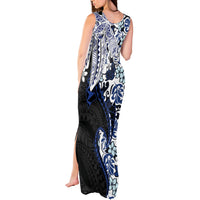 Monstera Plumeria Flowers Blue Tank Maxi Dress Polynesian Pattern