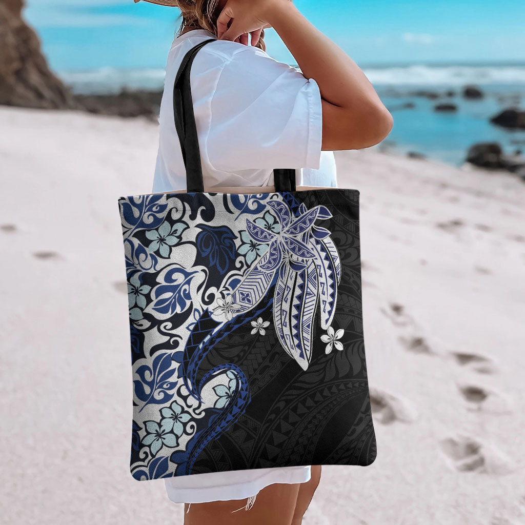 Monstera Plumeria Flowers Blue Tote Bag Polynesian Pattern