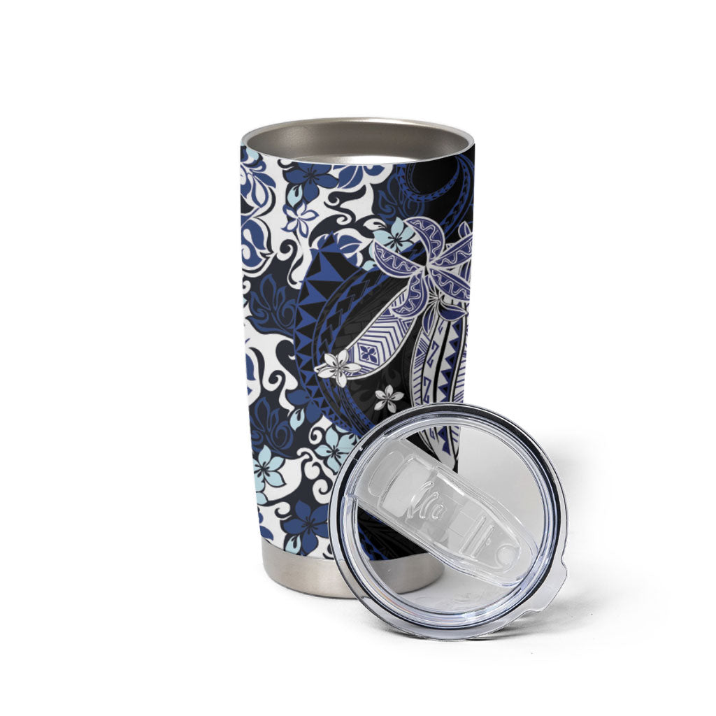 Monstera Plumeria Flowers Blue Tumbler Cup Polynesian Pattern
