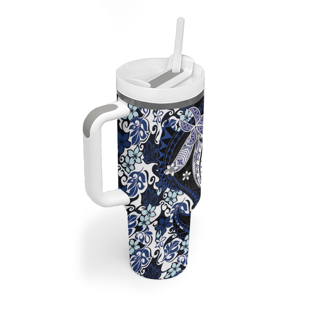 Monstera Plumeria Flowers Blue Tumbler With Handle Polynesian Pattern