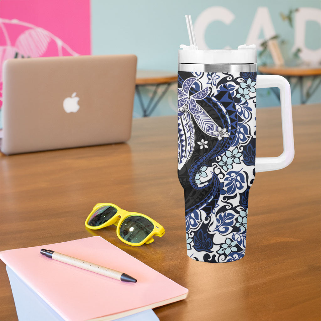 Monstera Plumeria Flowers Blue Tumbler With Handle Polynesian Pattern