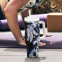 Monstera Plumeria Flowers Blue Tumbler With Handle Polynesian Pattern