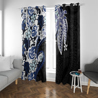 Monstera Plumeria Flowers Blue Window Curtain Polynesian Pattern