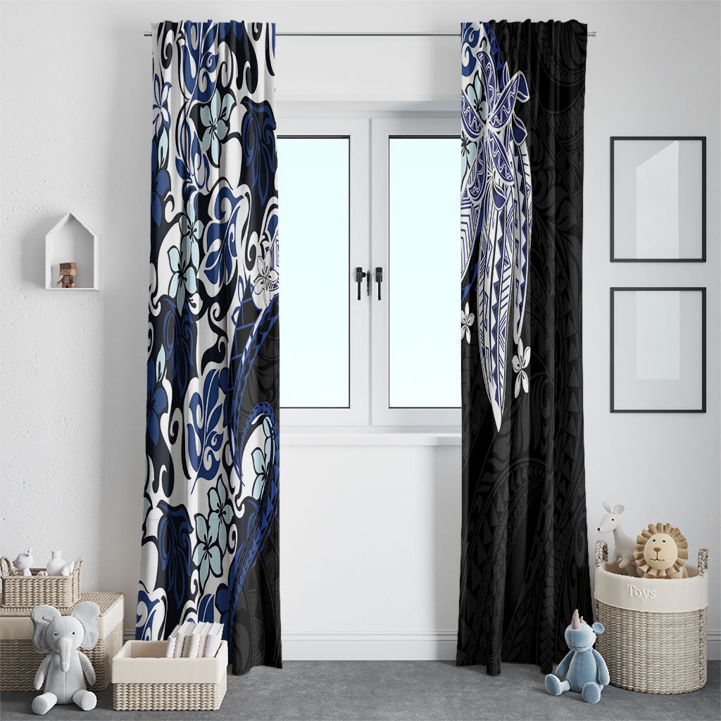 Monstera Plumeria Flowers Blue Window Curtain Polynesian Pattern