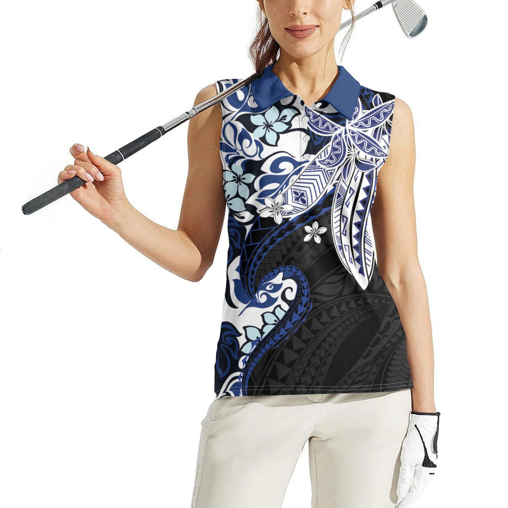 Monstera Plumeria Flowers Blue Women Sleeveless Polo Shirt Polynesian Pattern