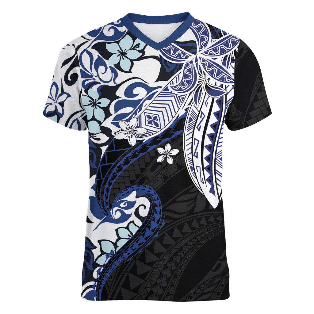 Monstera Plumeria Flowers Blue Women V-Neck T-Shirt Polynesian Pattern
