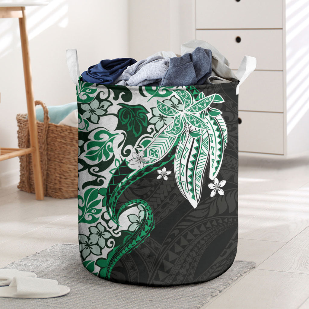 Monstera Plumeria Flowers Green Laundry Basket Polynesian Pattern