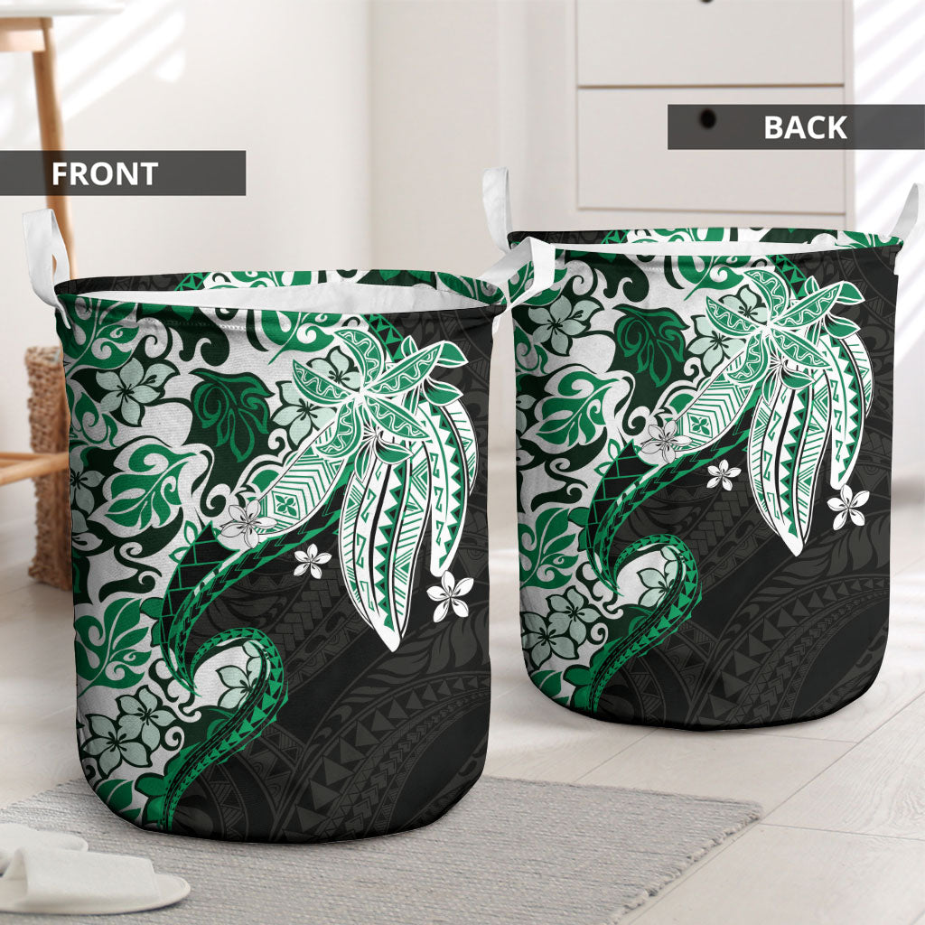 Monstera Plumeria Flowers Green Laundry Basket Polynesian Pattern