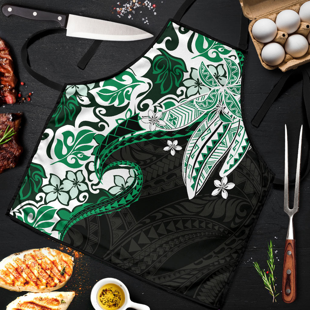 Monstera Plumeria Flowers Green Apron Polynesian Pattern