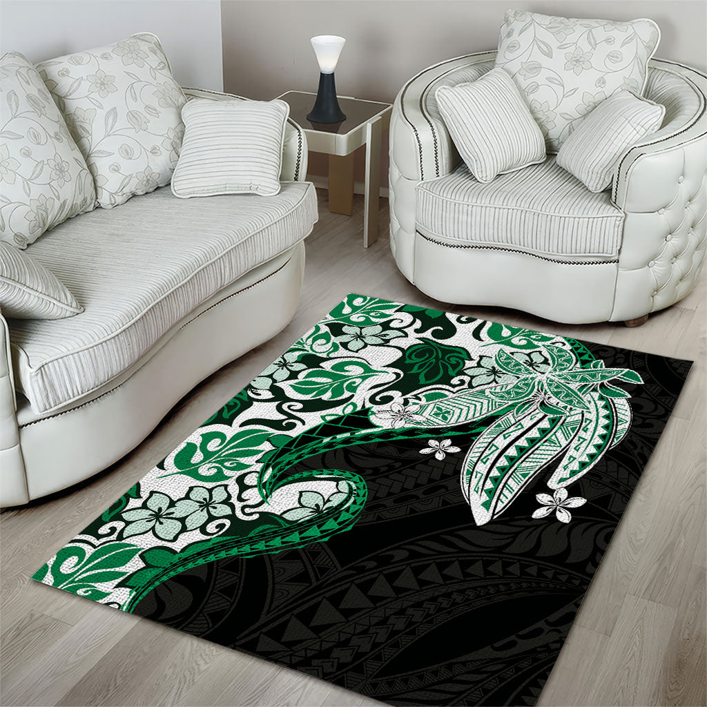 Monstera Plumeria Flowers Green Area Rug Polynesian Pattern