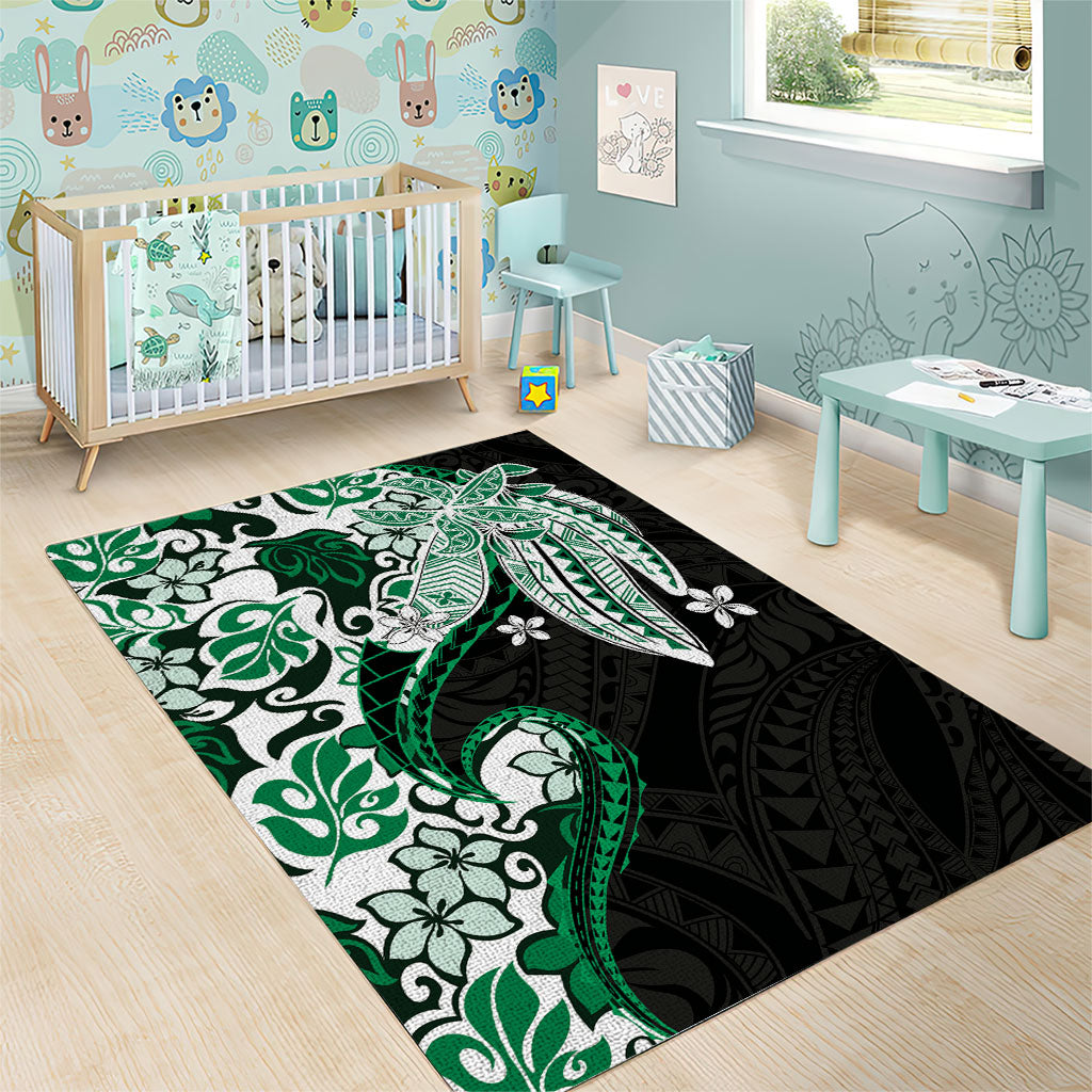 Monstera Plumeria Flowers Green Area Rug Polynesian Pattern