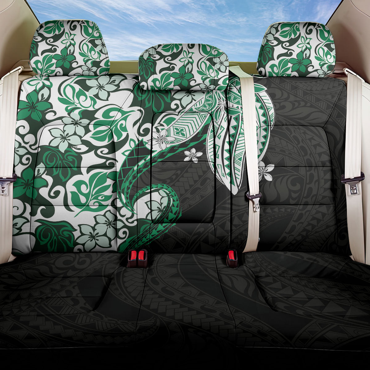 Monstera Plumeria Flowers Green Back Car Seat Cover Polynesian Pattern