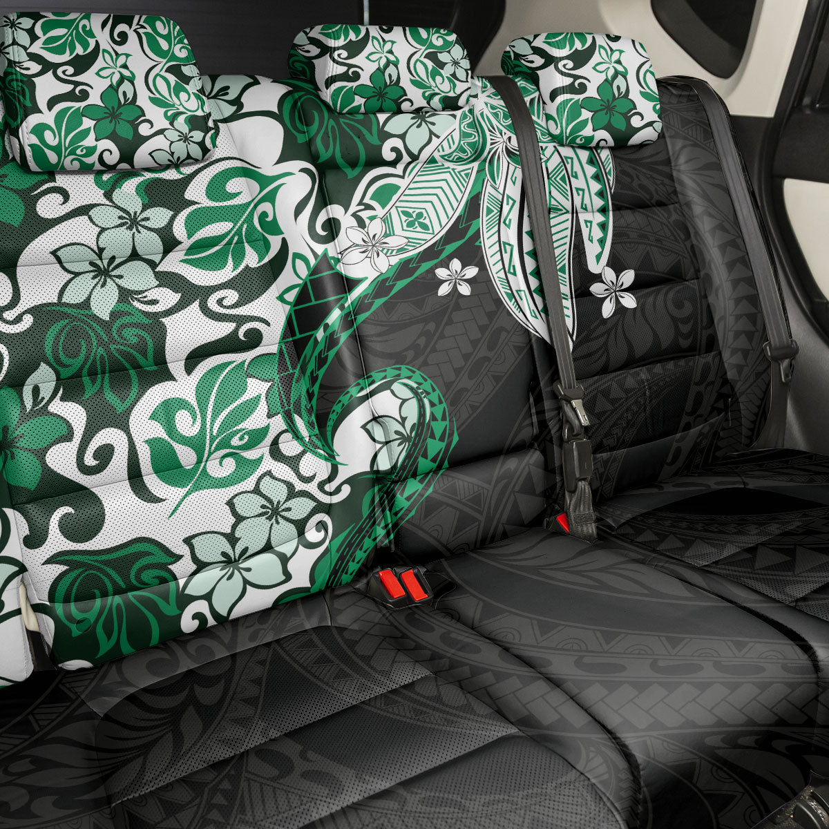 Monstera Plumeria Flowers Green Back Car Seat Cover Polynesian Pattern