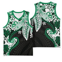 Monstera Plumeria Flowers Green Basketball Jersey Polynesian Pattern