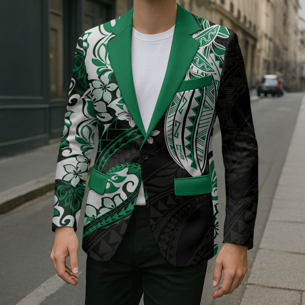 Monstera Plumeria Flowers Green Blazer Polynesian Pattern