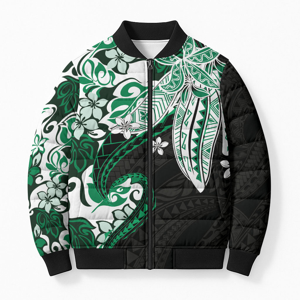 Monstera Plumeria Flowers Green Bomber Puffer Jacket Polynesian Pattern