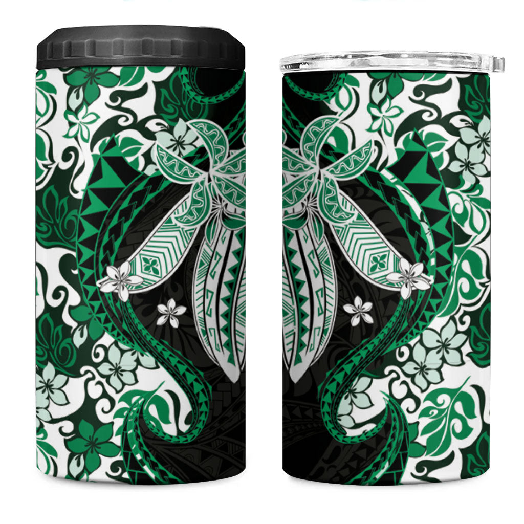 Monstera Plumeria Flowers Green 4 in 1 Can Cooler Tumbler Polynesian Pattern
