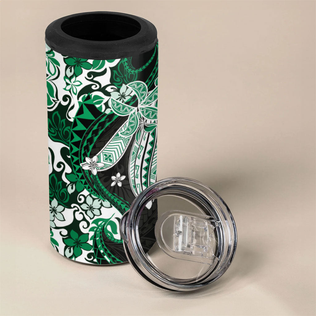 Monstera Plumeria Flowers Green 4 in 1 Can Cooler Tumbler Polynesian Pattern