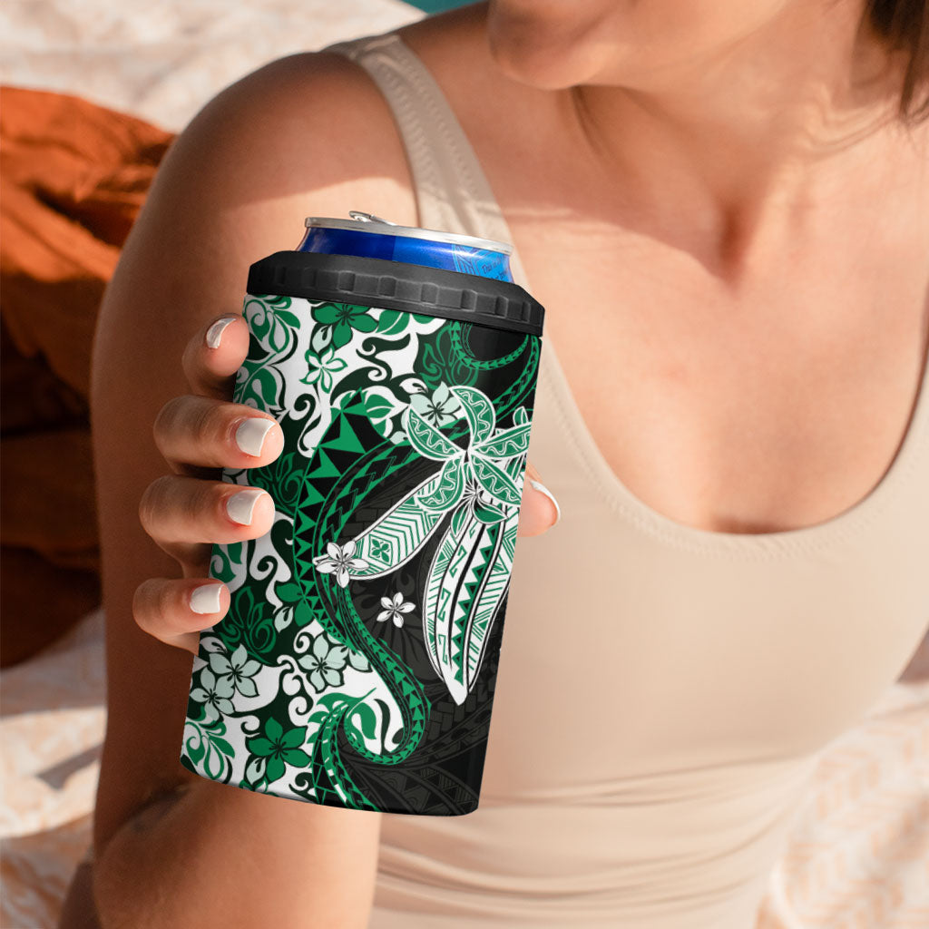 Monstera Plumeria Flowers Green 4 in 1 Can Cooler Tumbler Polynesian Pattern