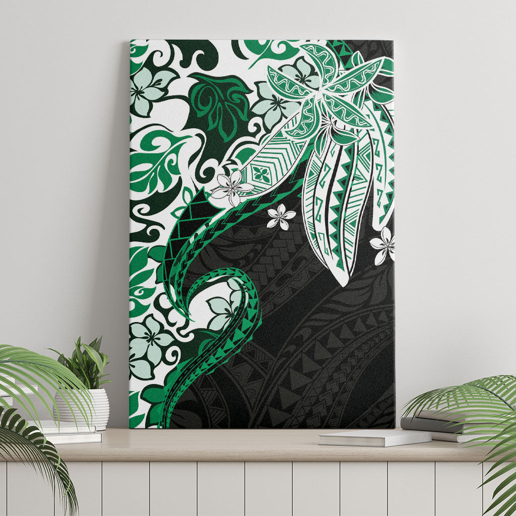 Monstera Plumeria Flowers Green Canvas Wall Art Polynesian Pattern