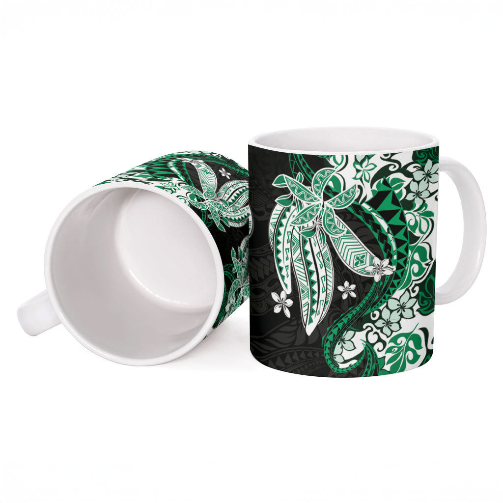 Monstera Plumeria Flowers Green Ceramic Mug Polynesian Pattern