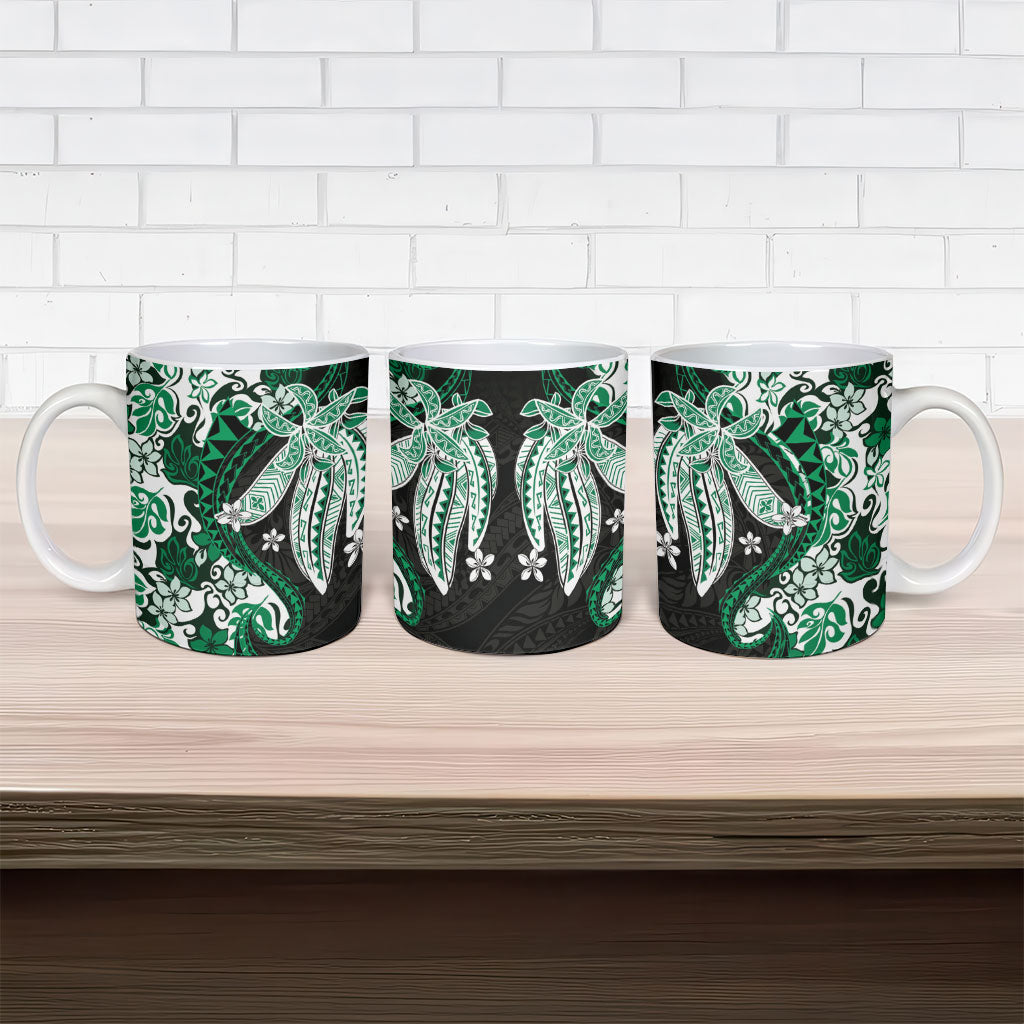 Monstera Plumeria Flowers Green Ceramic Mug Polynesian Pattern